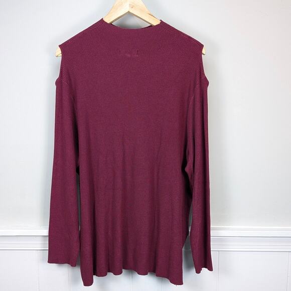 Women’s Burgundy Maroon Knit Mock Turtleneck Cold Shoulder Dark Academia Top - Picture 4 of 6